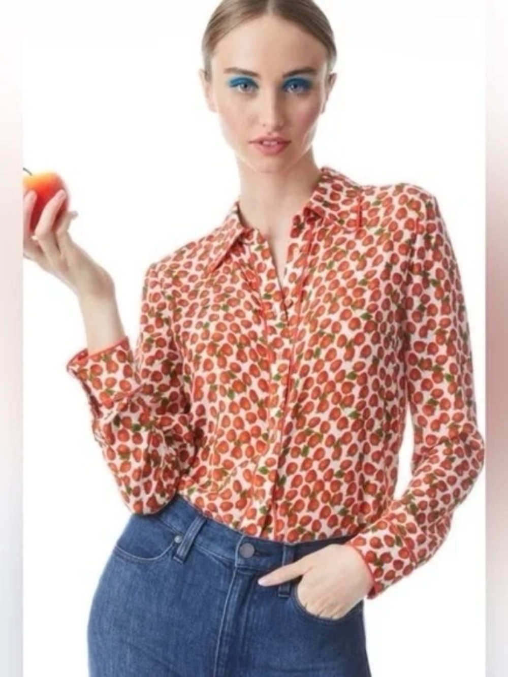 Alice + Olivia Willa Silk Top Strawberry Jam Soft White size XS